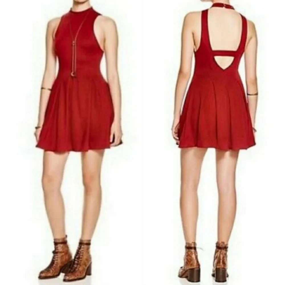 FREE PEOPLE Layla Red Sleeveless Knit Mini Skater POCKET Fit & Flare Dress EUC L